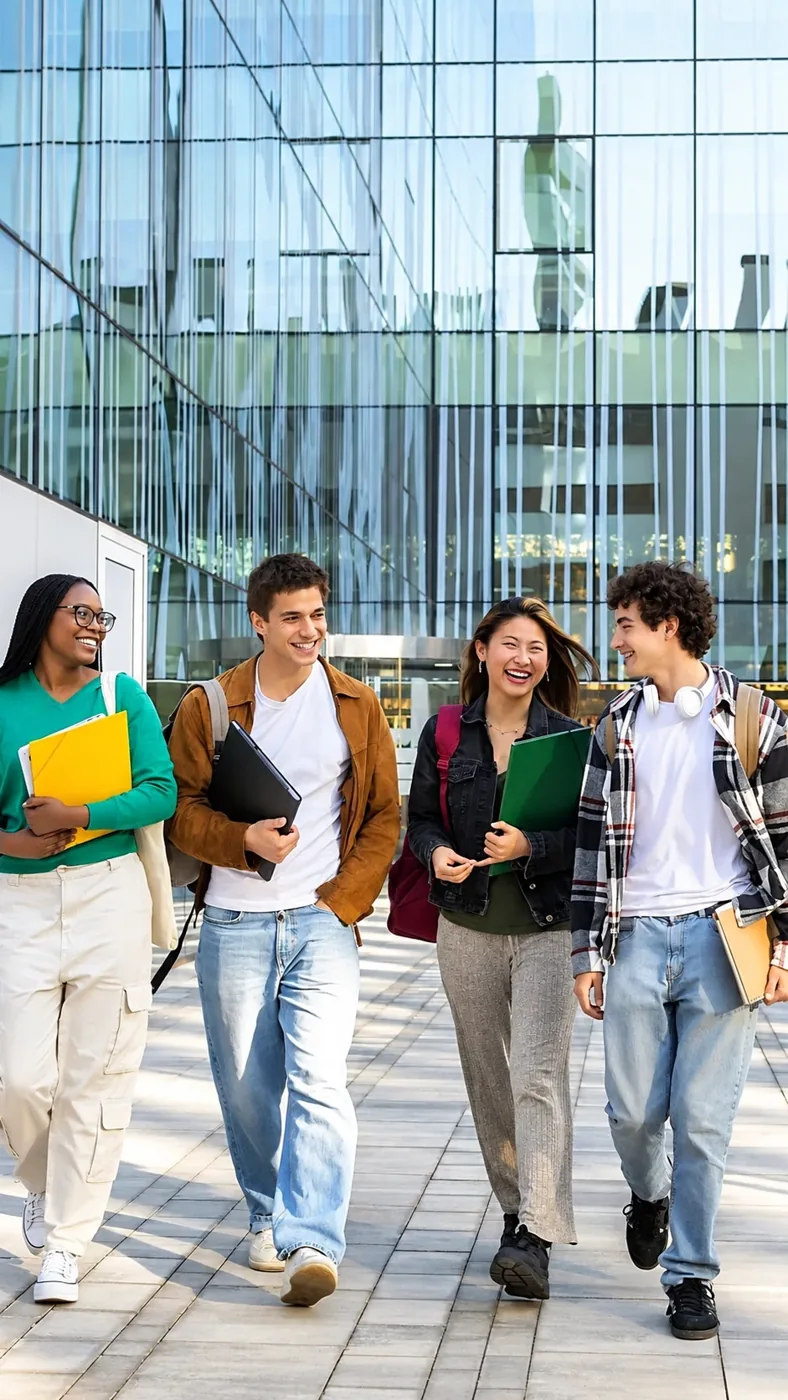 Quatre étudiants souriants marchent ensemble devant un bâtiment de verre