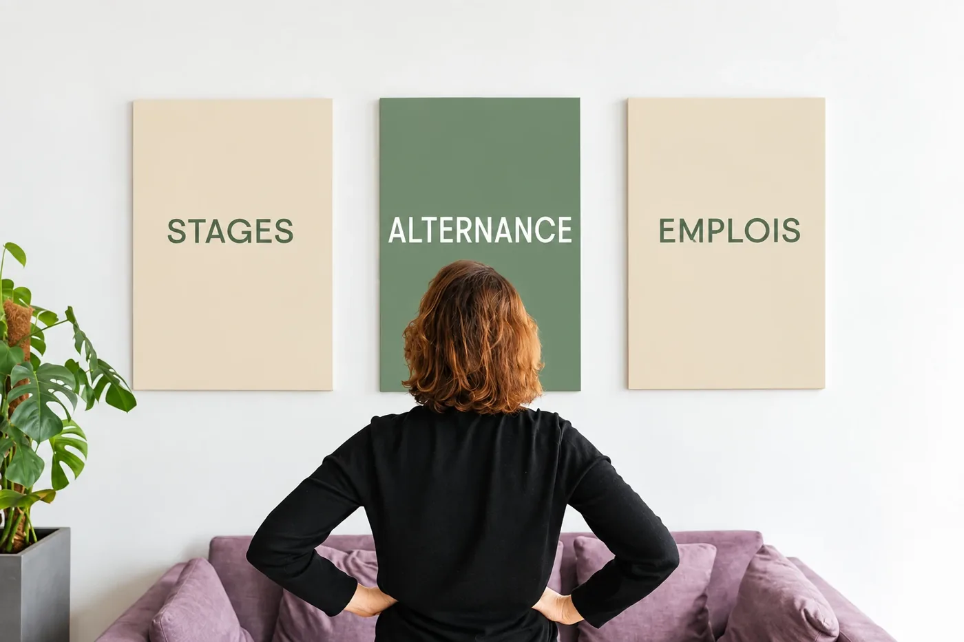 Une jeune femme de dos choisit entre trois panneaux : stages, alternance et emplois
